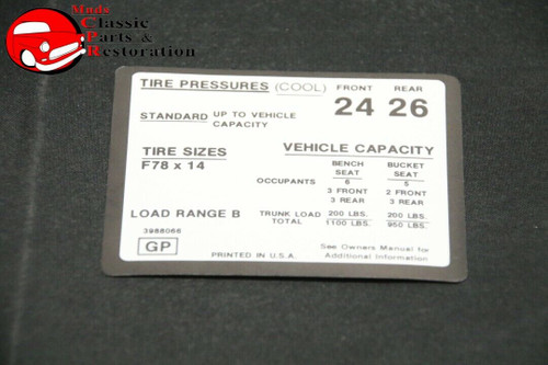 1971 Chevy Chevelle Malibu Tire Air Pressure Decal F78X14 Tires Gm # 3988066