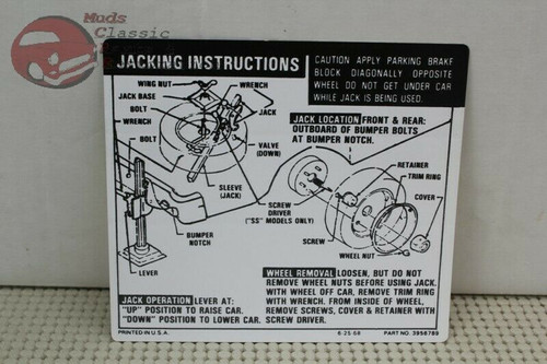 1969 1970 1971 Chevy Nova Ss Spare Tire Trunk Jack Instructions Decal Gm#3956789