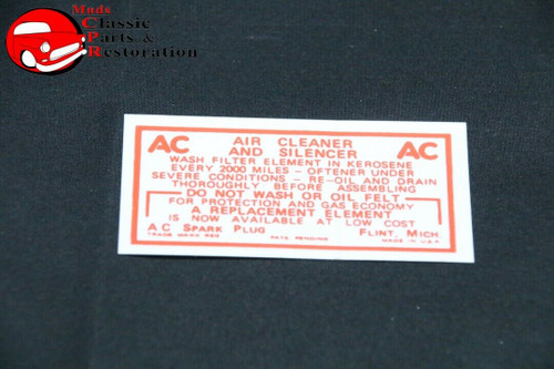 49-54 Chevy Passenger Car Dry Style Ac Air Cleaner Service Decal 6 & 8 Cylinder