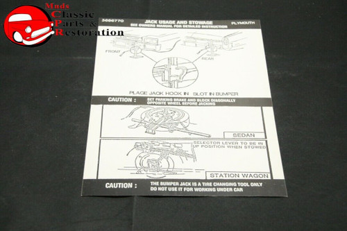 73-74 Fury Jack Instructions Decal Mopar Part # 3686770