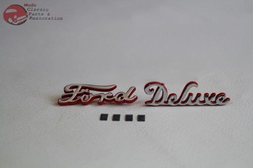 1940 Ford  Ford Deluxe Script Side Hood Emblems Chrome Badge Red Accent