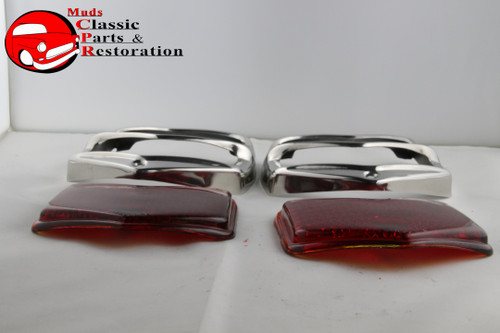 1940 Ford Rear Red Glass Tail Lamp Light Lens Bezels Right Left Hand 4 Piece Set