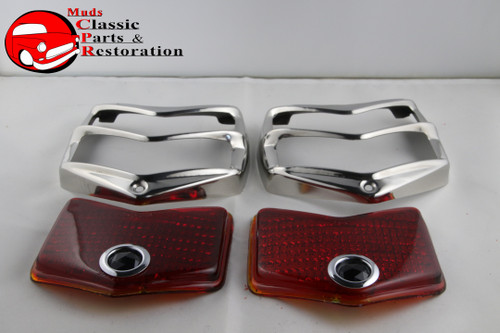 1940 Ford Rear Blue Dot Tail Lamp Light Lens Bezels Right Left Hand 4 Piece Set