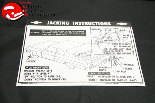 1964 Impala Fullsize Chevy Trunk Spare Tire Jack Instructions Decal Gm #385400