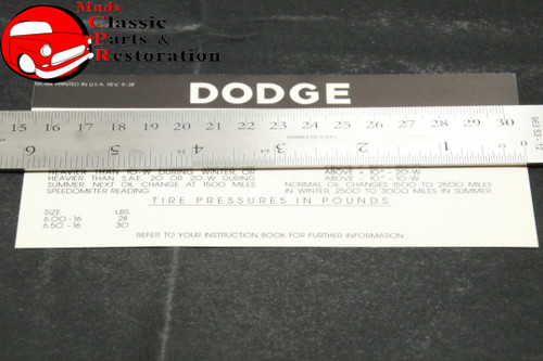 39 40 41 Chrysler Dodge Plymouth Desoto Engine Break In Oil Tire Pressure Decal