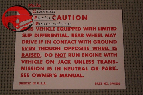 57-67 Chevy Positraction Decal Card Limited Slip Differential Warning All Models