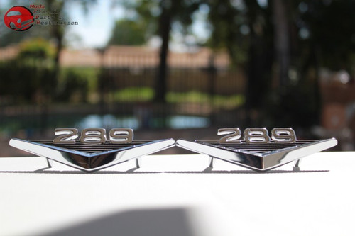 64-66 Mustang 289 V Script Fender Emblem Ornament Pair Stud Mount W Clips Chrome