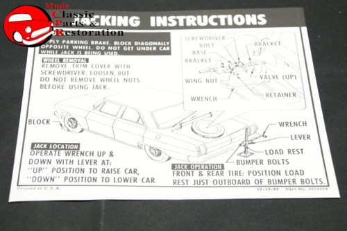 64-66 Chevy Ii Nova Sedan Hardtop Spare Tire Jack Instructions Decal Gm#3858854
