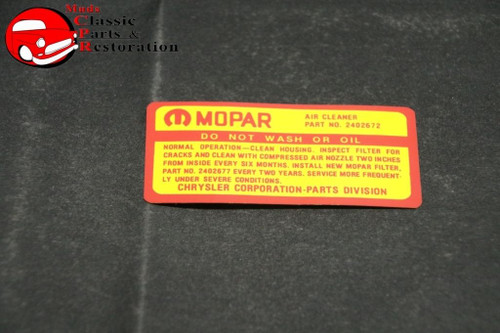 66 Dodge Charger 361 Air Cleaner Service Instructions Decal Mopar Part # 2402672
