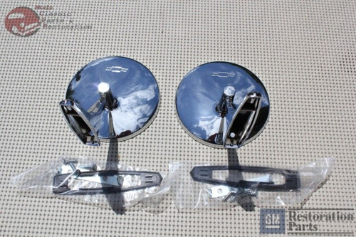 66-68 Chevy Bowtie Logo Outside Door Mounted Rear View Mirror Ribbed Base Pair