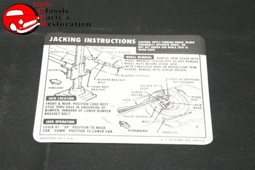 67 Camaro Coupe Spare Tire Jack Instructions Decal Gm#3909124