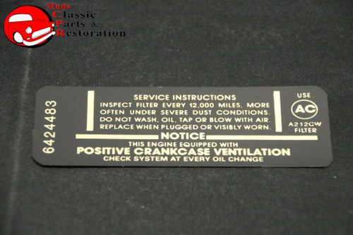67 Camaro 350/295Hp Air Cleaner Service Instruction Decal Gm#6424483