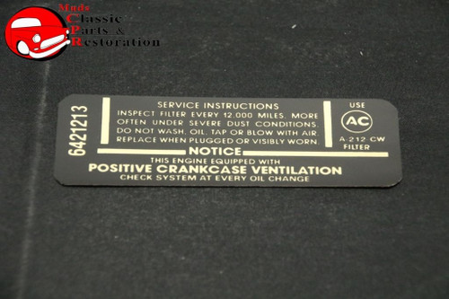 67 Camaro 396/325 Air Cleaner Service Instructions Decal Gm # 6421213