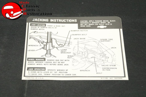 67 Chevvelle Station Wagon Jack Instructions Decal Gm Part # 3903966