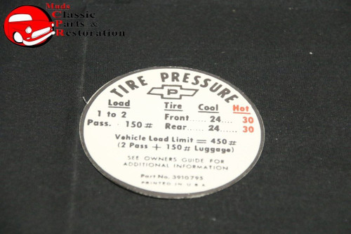 67 Corvette Tire Pressure Decal Gm Part # 3910795
