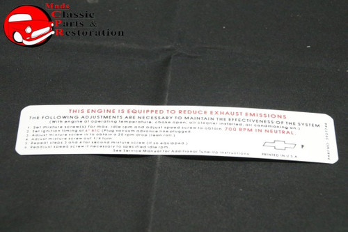 68 Camaro Nova Impala Emissions Decal 396/325 427/385 Manual Trans Code F