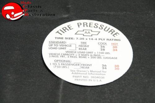 68 Chevelle W/Ac Tire Pressure Decal Gm# Aa 3934038