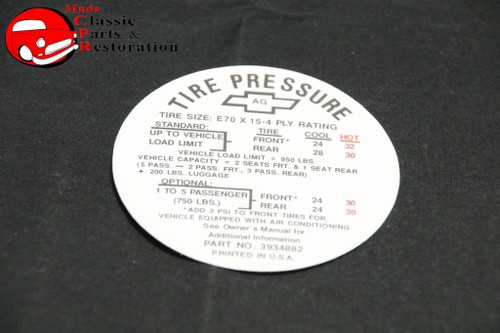 68 Camaro Z28 - Early - Tire Pressure Decal, E70X15