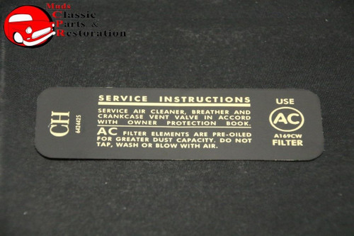 68 Camaro, Nova 327/210Hp Air Cleaner Service Instruction Decal