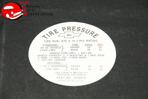 68 Impala Ss-427 Tire Pressure Decal Gm Part # Bh 3934070