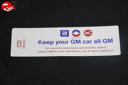 68 Oldsmobile 6 Cylinder Engine Keep Your Gm All Gm Air Cleaner Decal