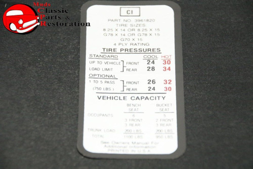 69 70 Impala Tire Pressure Decal, 8.25/14 Tires