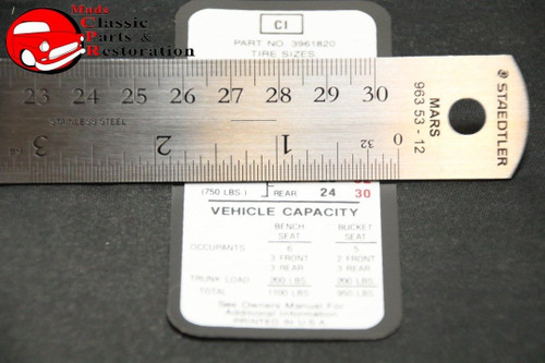 69 70 Impala Tire Pressure Decal, 8.25/14 Tires