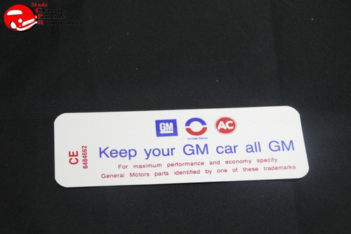 69 70 Oldsmobile 6 Cylinder Engine Keep Your Gm All Gm Air Cleaner Decal