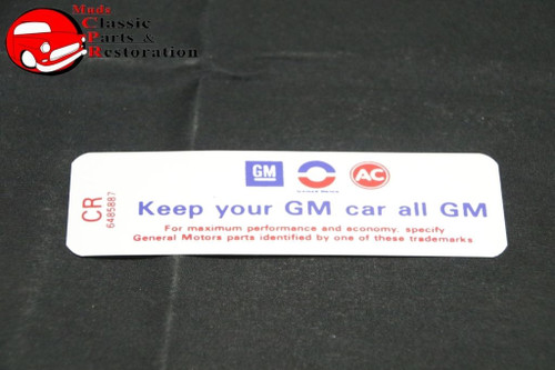 69 Camaro 350/300Hp "Keep Your Gm All Gm" Code "Cr" Decal Gm #6485887