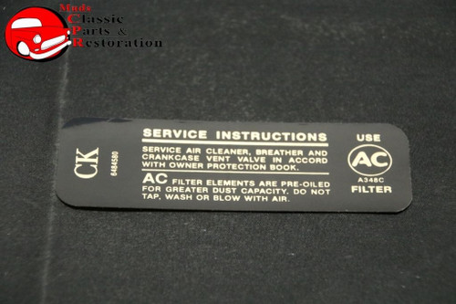 69 Camaro 307/200Hp Air Cleaner Service Instructions Decal Gm#6484580