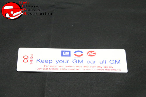 69 Camaro Impala 250/155 Hp Keep Your Gm All Gm Code "Co" Air Cleaner Decal