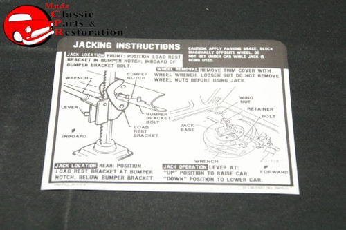 69 Camaro Ss W/Full Size Spare Tire Jack Instructions Decal Gm # 3949515