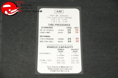 70 Camaro Door Jamb Tire Pressure Decal, E78X14 Tires Gm Part # Am 3983305