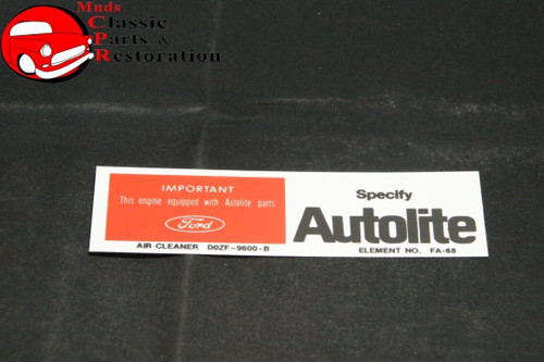 70 Ford Mustang Torino 250Ci Autolite Replacement Parts Decal Part # Dozf-9600-B