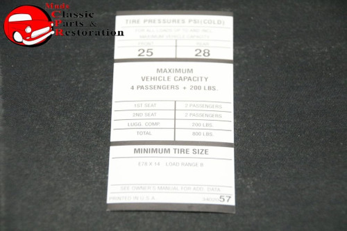 70 Mopar E-Body Tire Pressure Decal E78X14 Tires