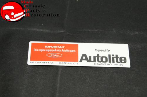 70 Mustang Early 351W W/O Ram Air Autolite Air Cleaner Service Instruction Decal