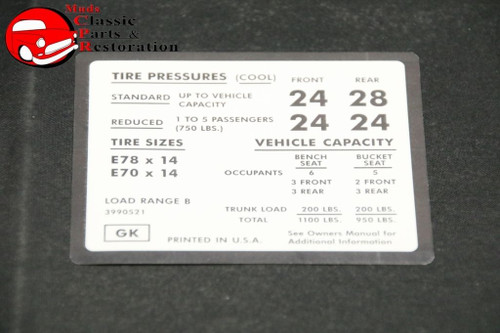 72 Chevelle Tire Pressure Decal