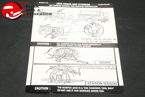 72 Chrysler Full Size Jack Instructions Decal Mopar # 3595710