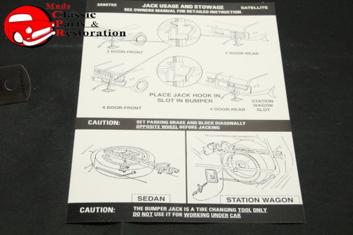 72 Satellite Jack Instructions Decal Mopar Part # 3595702