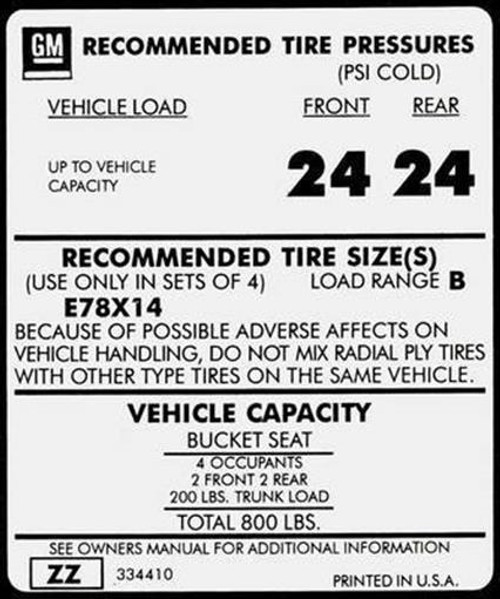 73 Camaro Door Jamb Tire Pressure Decal, E78X14 Tires Gm Part # Zz 334410