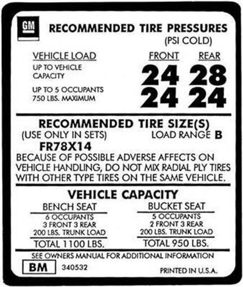 74 75 76 Nova Tire Pressure Decal, Fr78X14