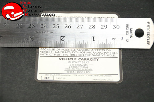 74-76 Camaro Tire Pressure Decal E78X14 Tires Gm Part # Bf 340528