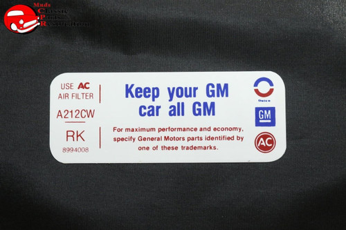 75 Pontiac 455 Keep Your Gm All Gm Air Cleaner Decal Rk 8994008 Filter A212Cw