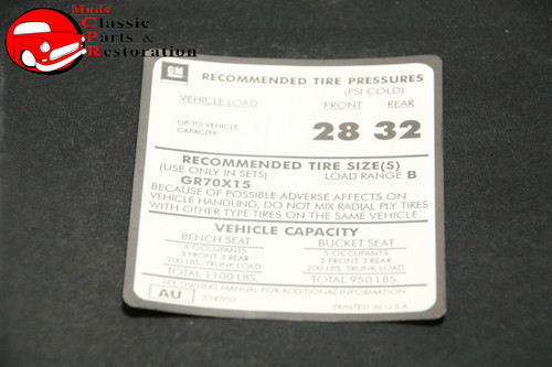 75-77 Monte Carlo Tire Pressure Decal Gr70X15 Tires Gm Part # Au 334500