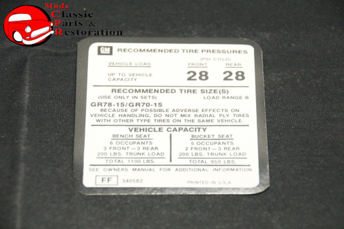 75-77 Monte Carlo Tire Pressure Decal Gm Part # Ff 340582