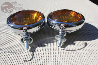 Muds CPR Vintage Style Clear Fog Light Set With Crest - Chrome Housing, Amber Lens - Custom Hot Rod