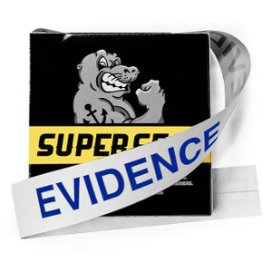 SuperSeal™ Evidence Tape Split Back Liner - Blue "Evidence" Imprint on White - 1.5" x 100'  SuperSeal™ Evidence Tape Split Back Liner - Blue "Evidence" Imprint on White - 1.5" x 100'
