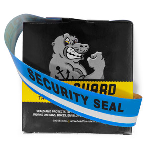 SealGuard™ Solid Back Evidence Tape - Blue/White Stripe ”Security Seal” Imprint in box