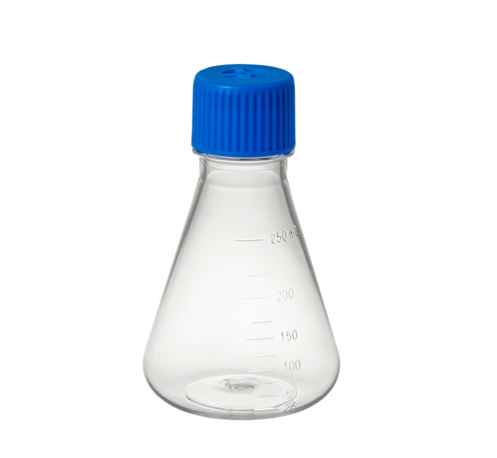 Flask, Erlenmeyer, 250ml, PETG, flat bottom w/ vented screw cap, Sterile, indiv wrapped, 12/CS