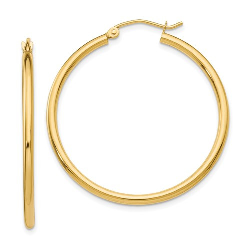 14k Gold 2mm x 35mm Hoop Earrings